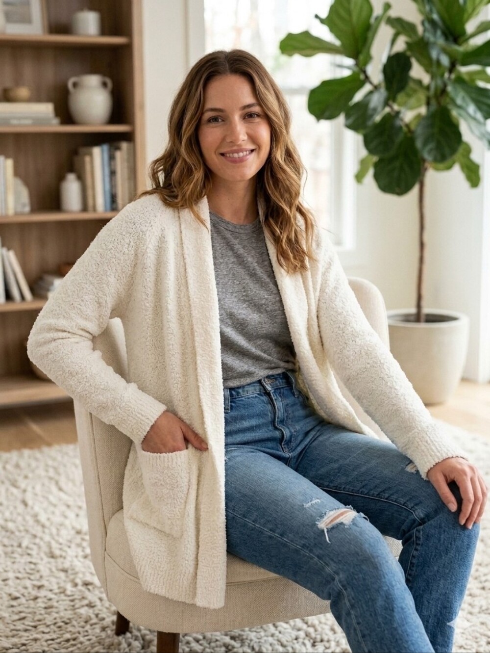 Barefoot Dreams CozyChic Lite Saddle Sleeve Cardigan Sea Salt Cream
